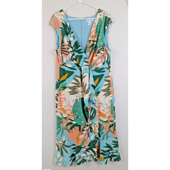 London Times sz 20W Midi Dress sleeveless tank slinky leaf print colorful 1363 - Picture 1 of 6